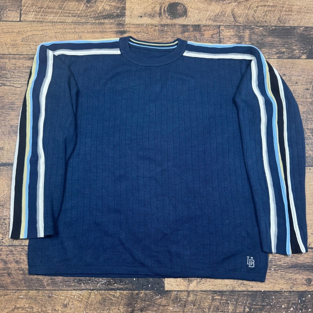 Mens Vintage Union Bay Navy Blue Striped Sleeve Ribbed Knit Sweater Large Y2K